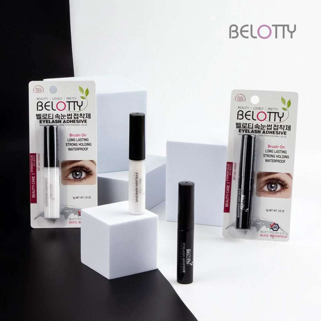 BELOTTY eyelash adhesive with packaging on a black and white background