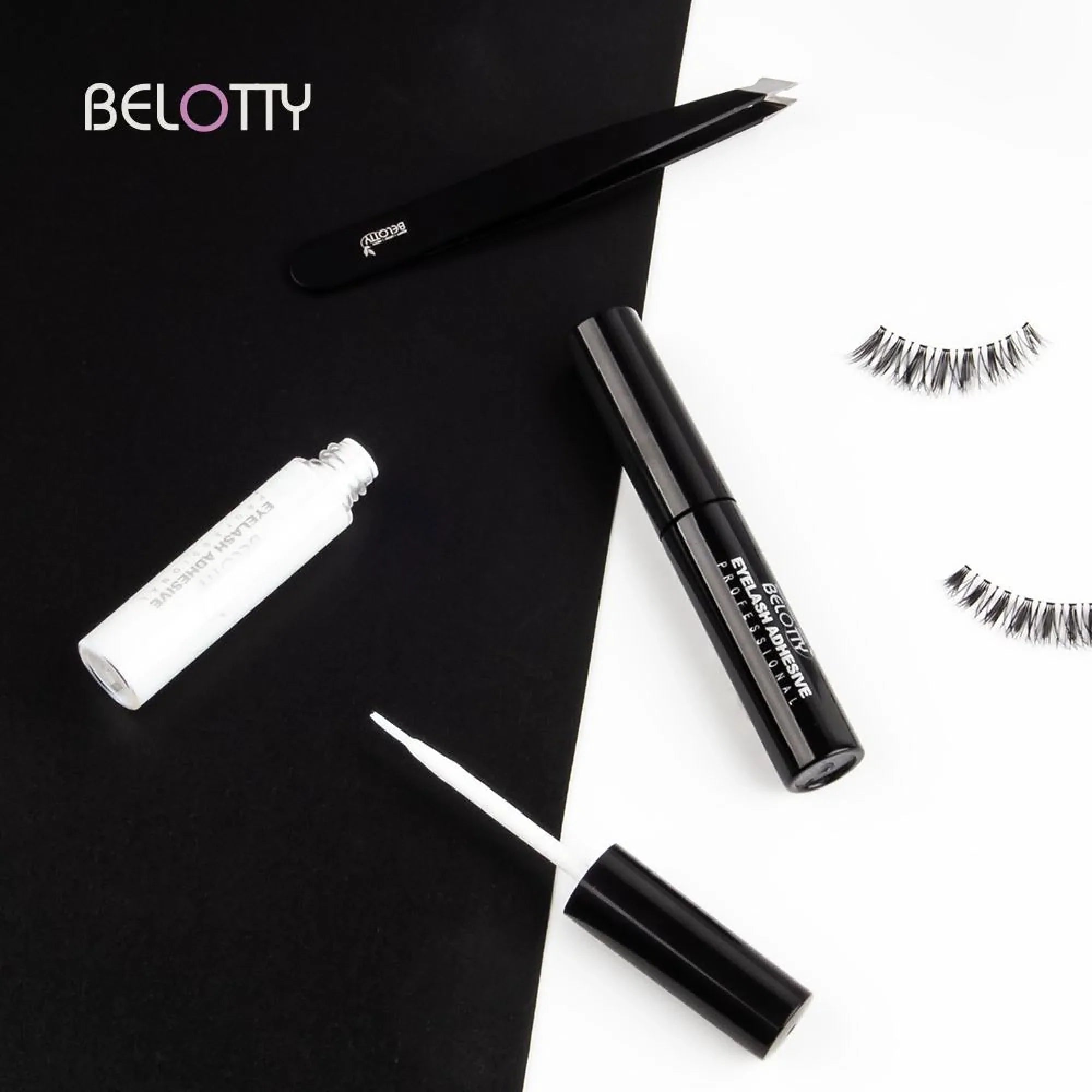 Makeup products including eyelash extensions and a brush on a black and white background with 'BELOTTY' branding.