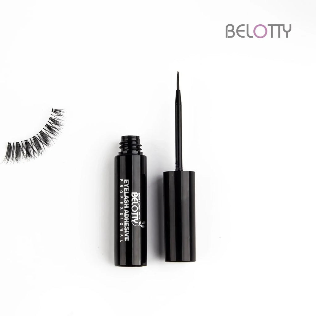 Belotty eyelash adhesive with applicator and false eyelashes on a white background