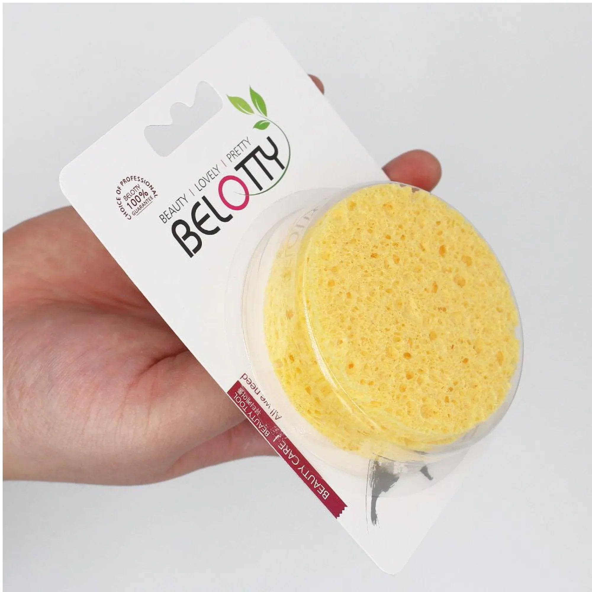 Two yellow sponges in a Belotty branded packaging on a white background