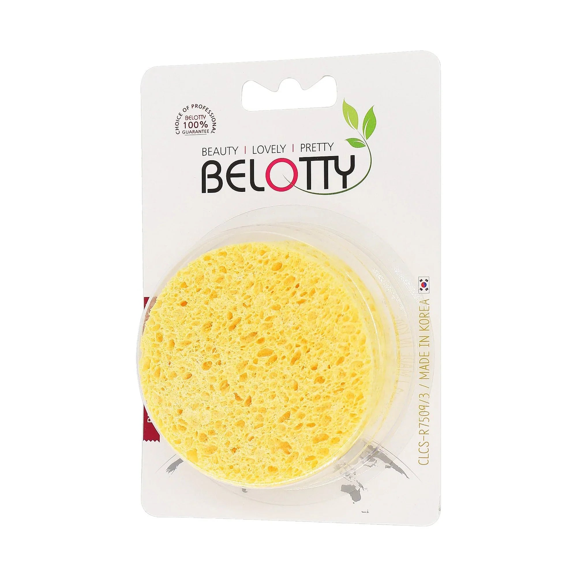 Yellow sponge in packaging with 'BELOTTY' branding on a white background