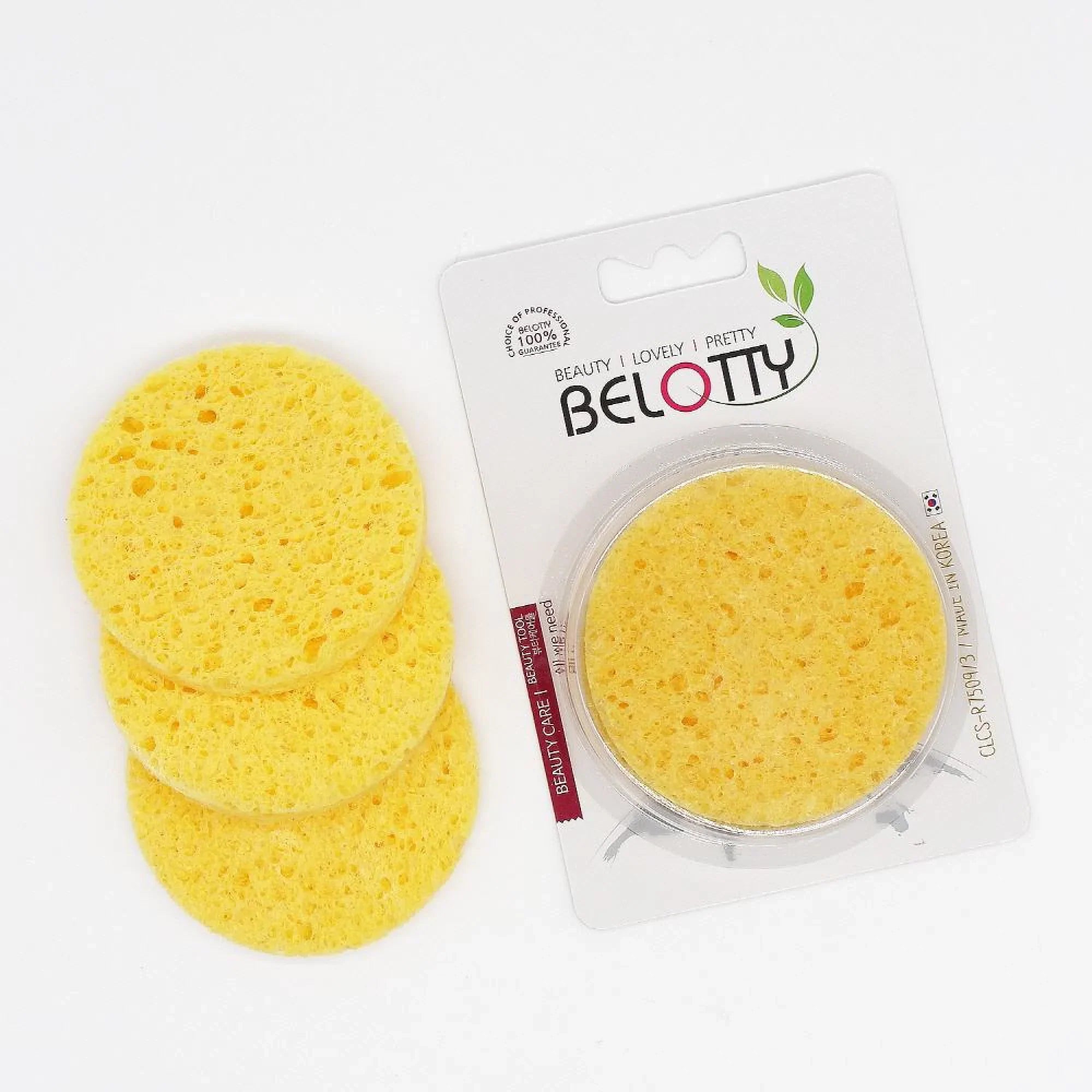 Yellow sponges with packaging labeled 'BELOTTY' on a white background