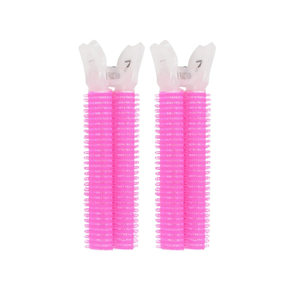 Two pink Clip Hair Roller with white bristle heads on a white background