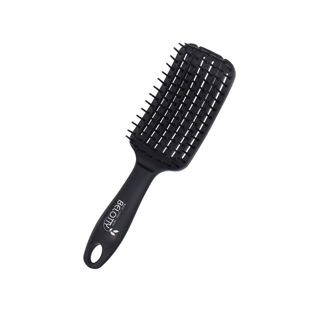 Black paddle hairbrush on a white background