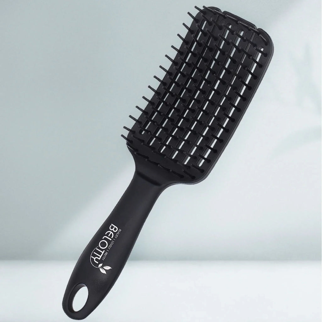 Black hairbrush with 'Belotty' branding on a light gray background