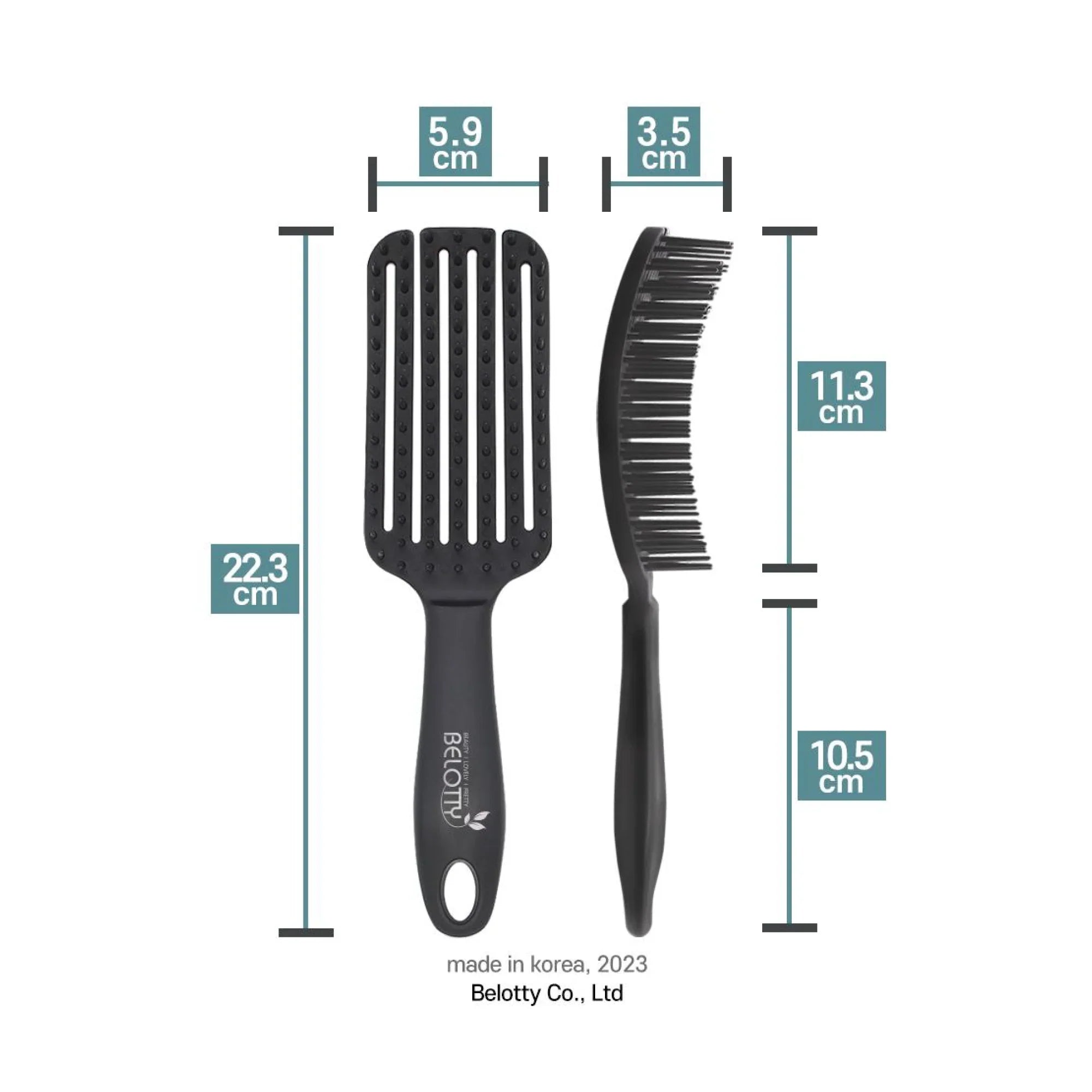 Black hairbrush with measurements on a white background