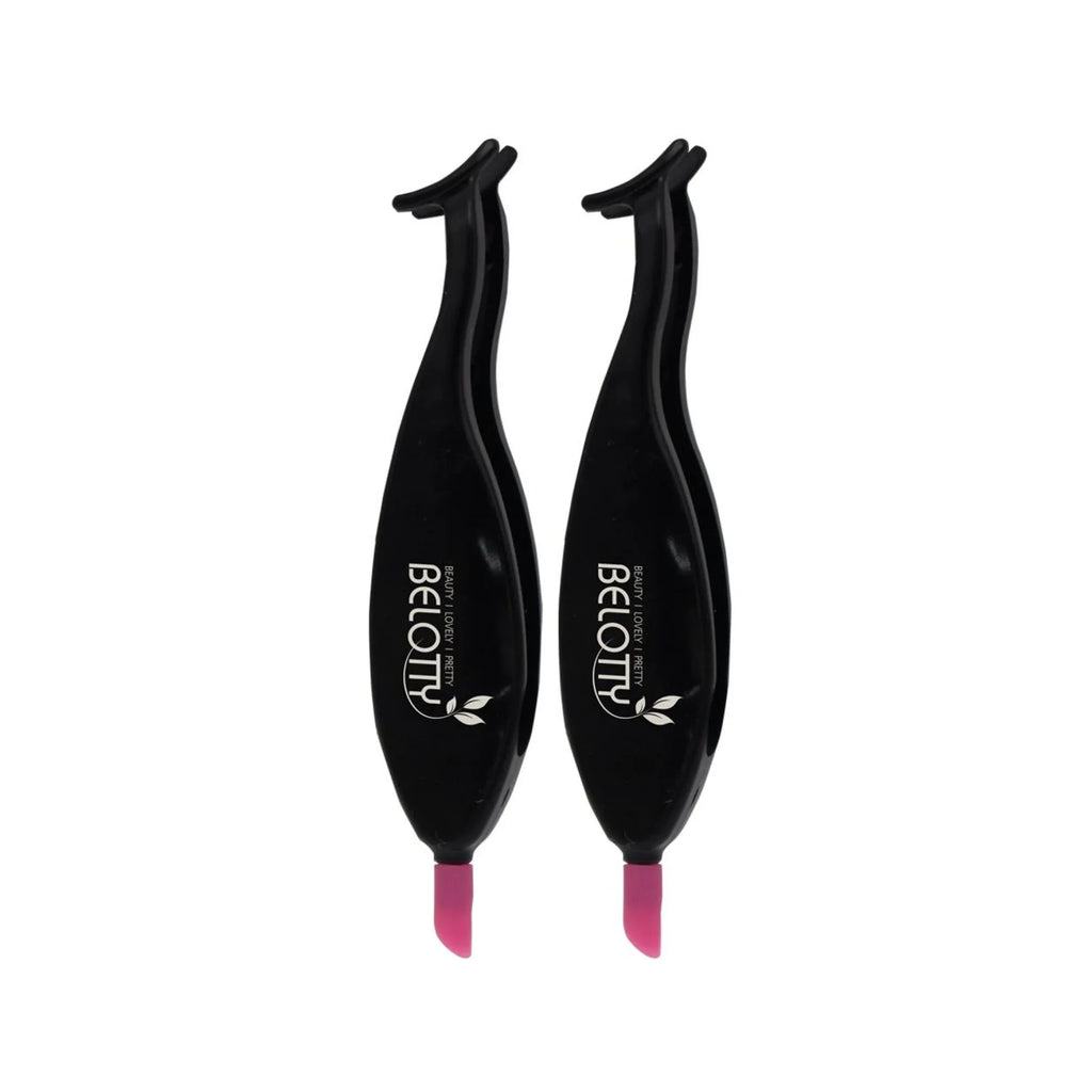 Two black eyelash extensions tools with pink tips on a white background, branded 'BELOTTY'.