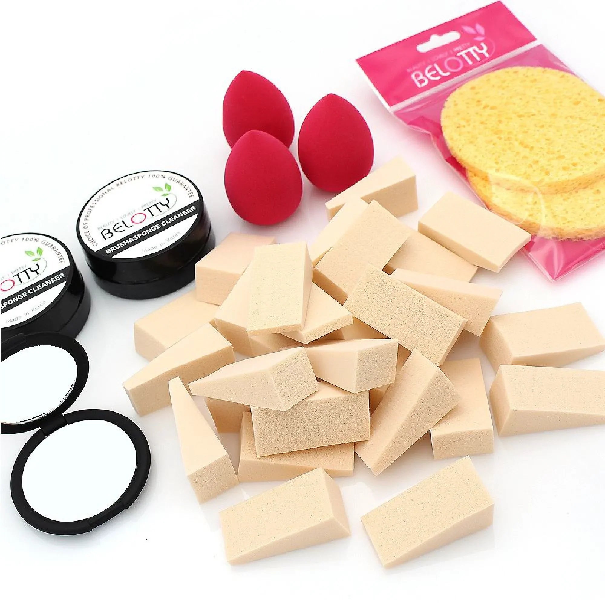 Collection of makeup sponges, spongettes, and cleaning tools with BELOTY branding on a white background.