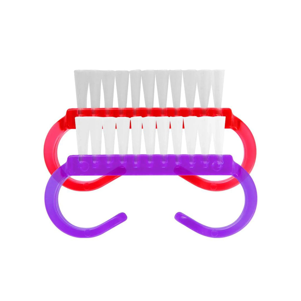Nail brush with red and purple handle on a white background