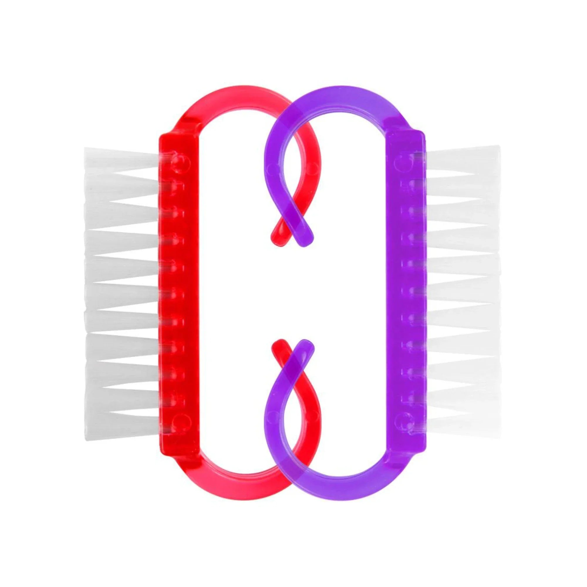 Two nail brushes with red and purple handles on a white background