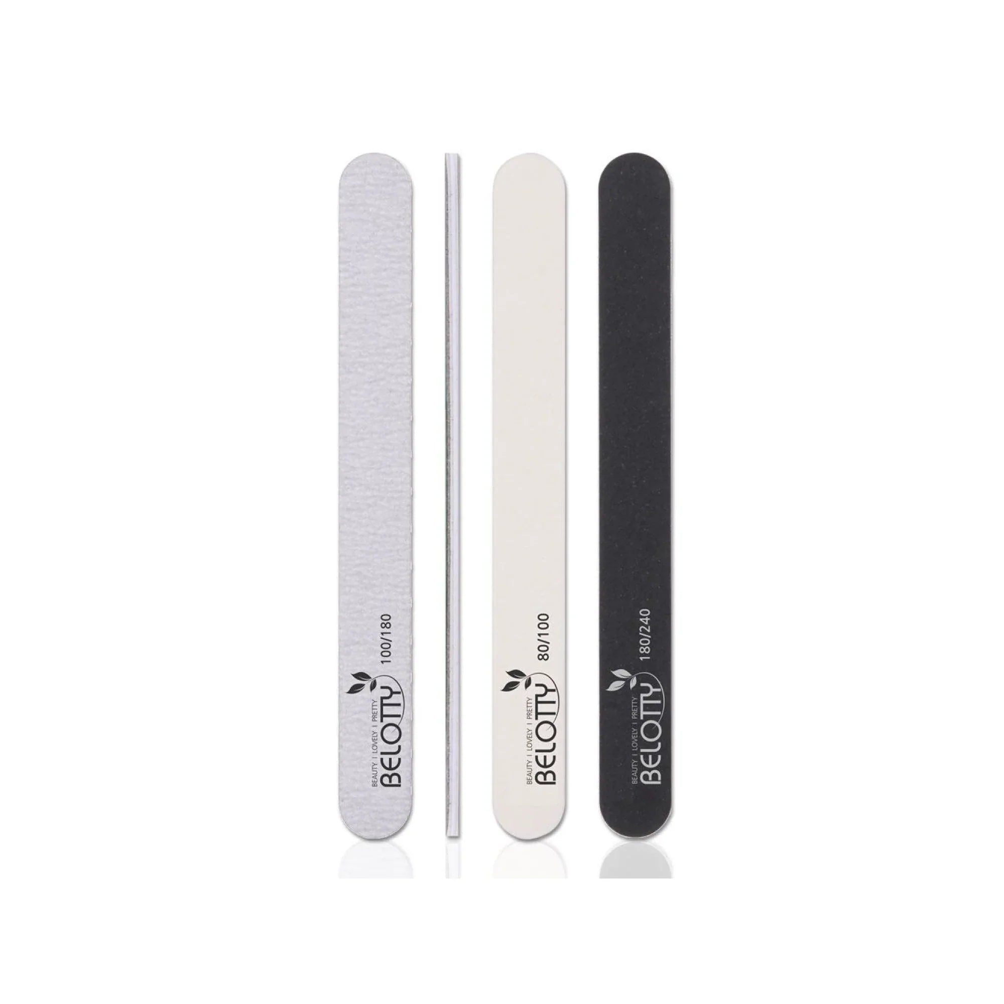Three nail files in gray, white, and black with 'Belotti' branding on a white background.