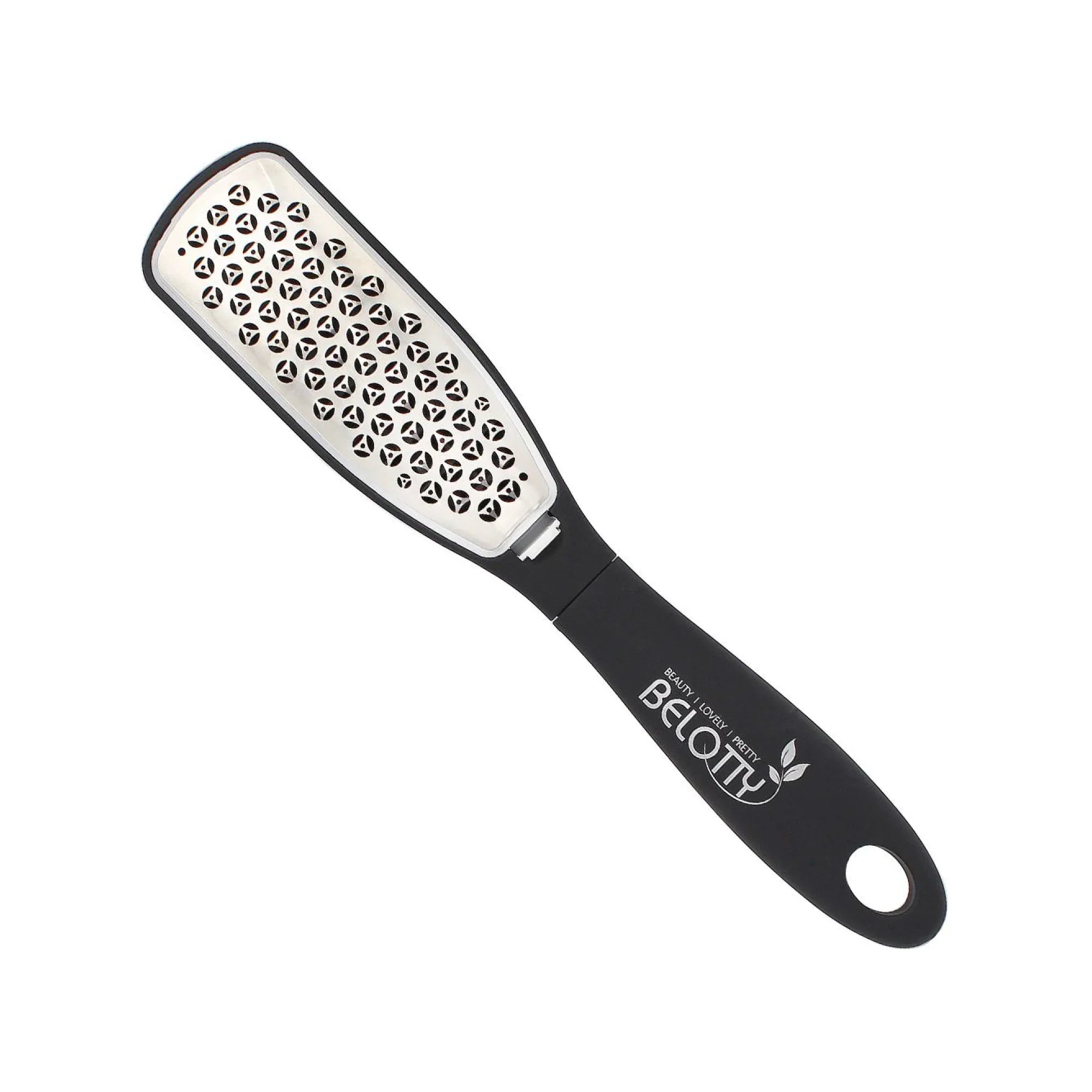 Professional Stainless Steel Foot File with black handle and textured surface on a white background