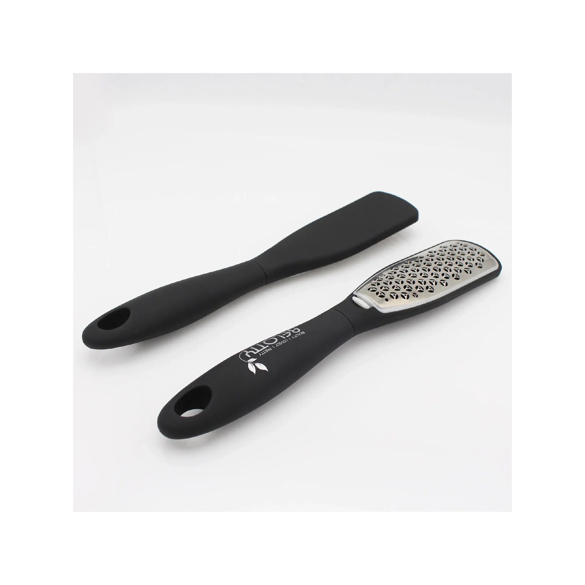 Black foot scrubber with textured surface on a white background