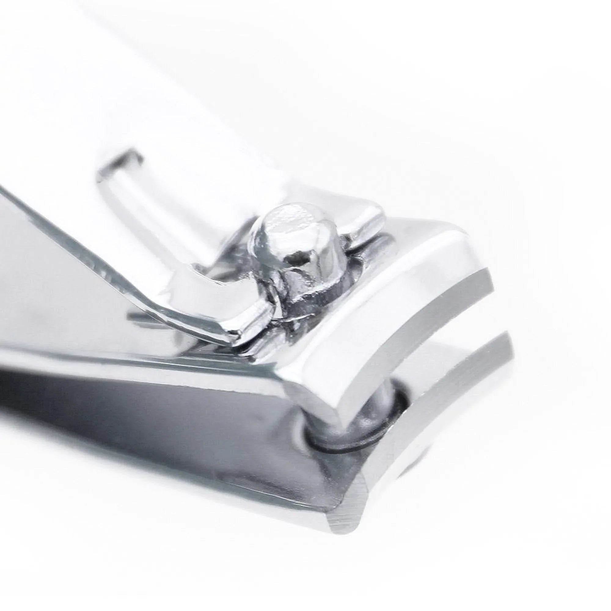 Close-up of a shiny metal clip on a white background