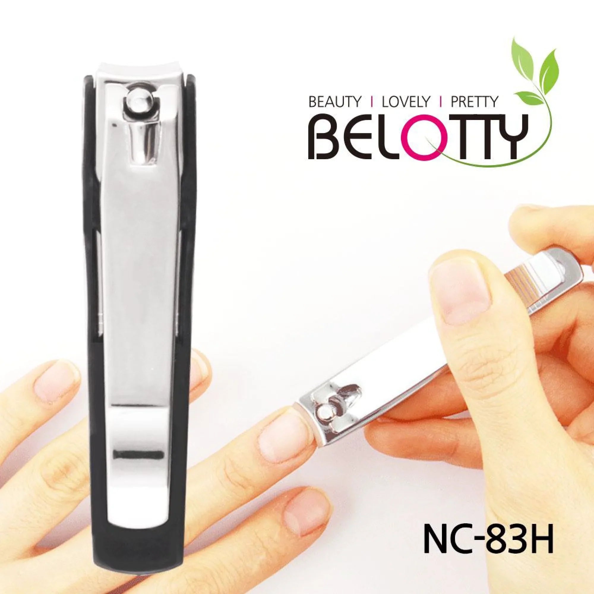 Nail clipper with a hand using it, Belotty brand visible