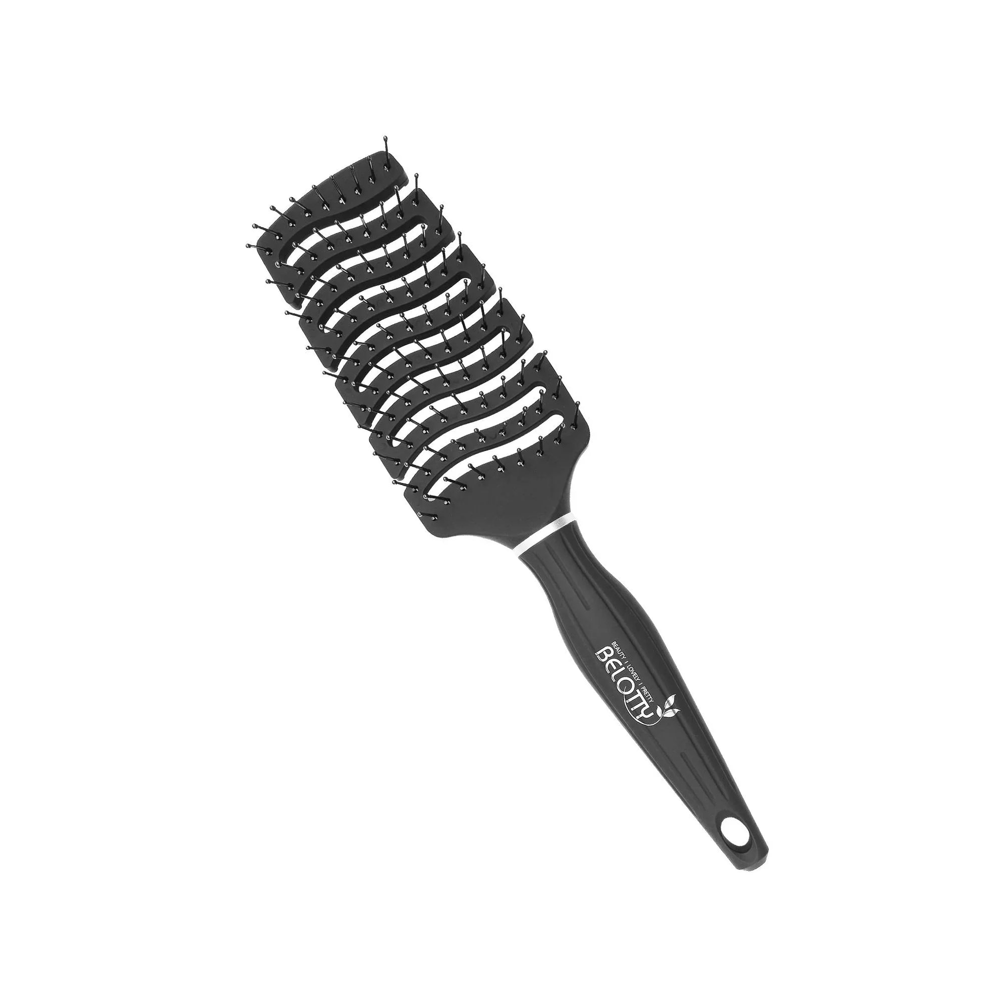 Black hairbrush with bristle design on a white background
