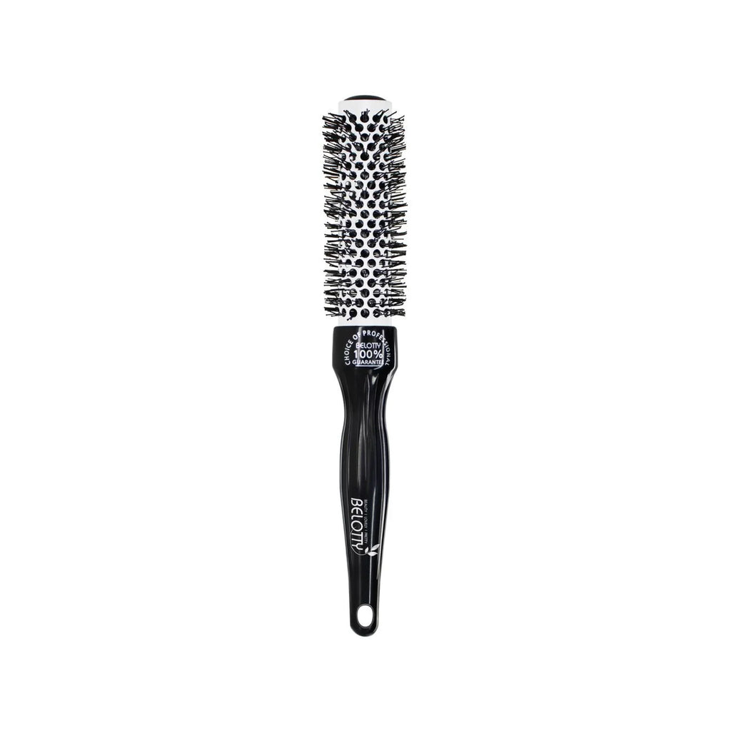 Black hairbrush with round bristle head on a white background