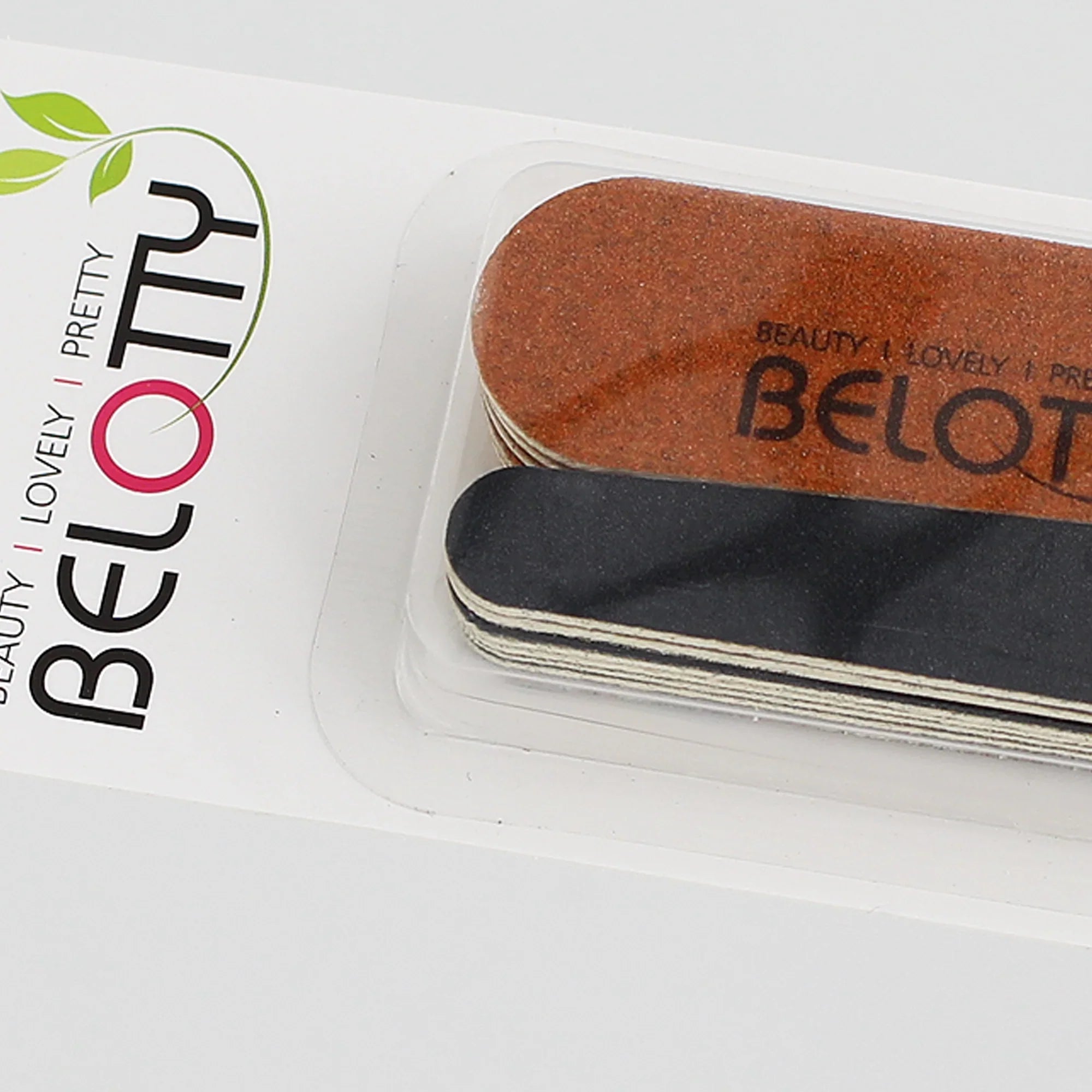 Stack of black and brown Wooden_Nail_Files with 'BELOTTY' branding on a white background
